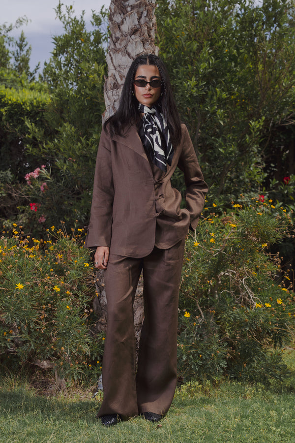 Linen Mandarin Pants in Brown