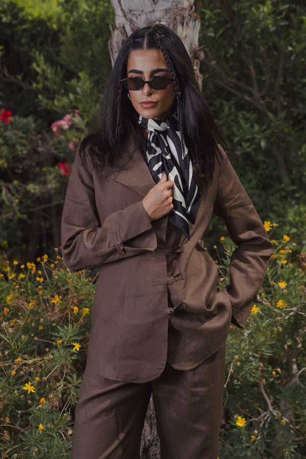 Mandarin Linen Blazer in Brown