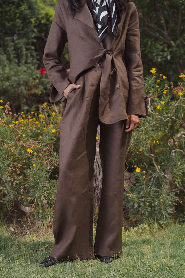 Linen Mandarin Pants in Brown