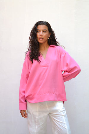 Polo Collar Linen Blouse in Rose