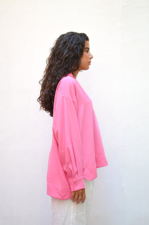 Polo Collar Linen Blouse in Rose