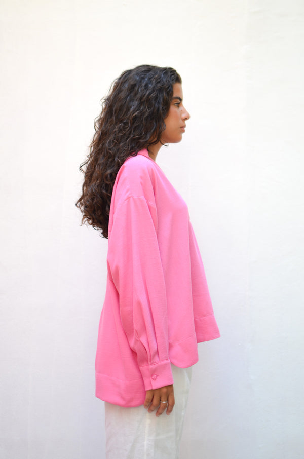 Polo Collar Linen Blouse in Rose