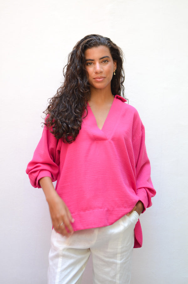 Polo Collar Linen Blouse in Fuchsia