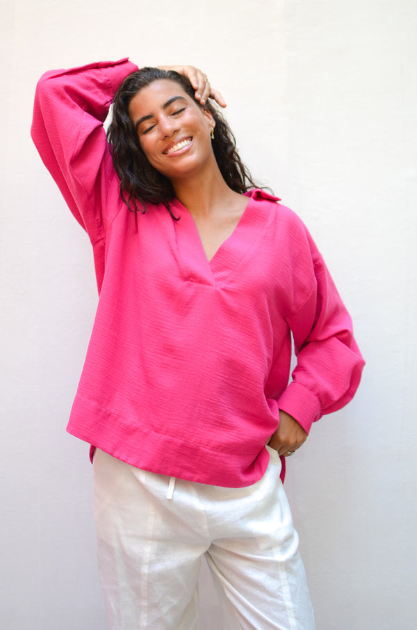 Polo Collar Linen Blouse in Fuchsia
