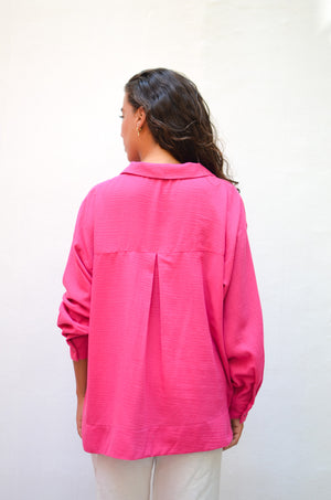 Polo Collar Linen Blouse in Fuchsia