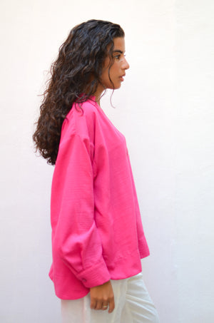 Polo Collar Linen Blouse in Fuchsia
