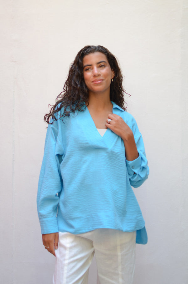 Polo Collar Linen Blouse Baby Blue