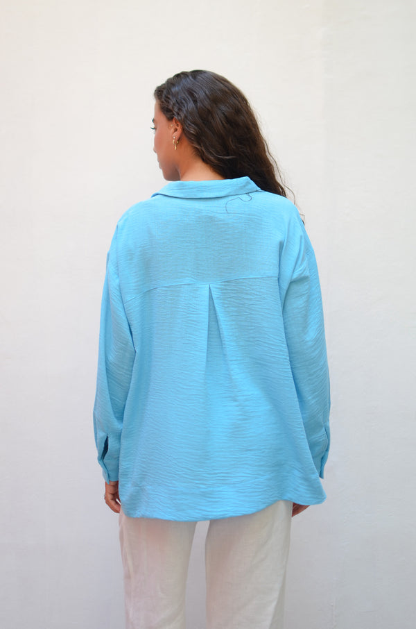 Polo Collar Linen Blouse Baby Blue