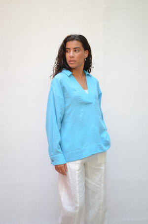 Polo Collar Linen Blouse Baby Blue