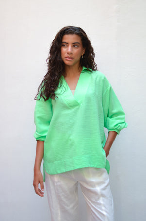Polo Collar Linen Blouse Apple Green