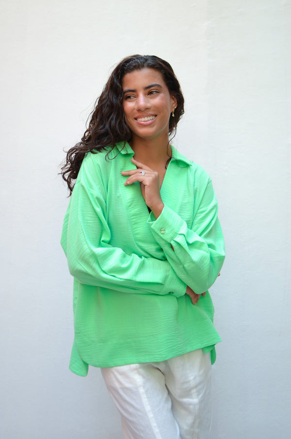 Polo Collar Linen Blouse Apple Green