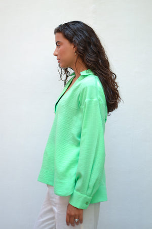 Polo Collar Linen Blouse Apple Green