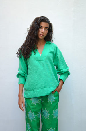 Polo Collar Linen Blouse in Green