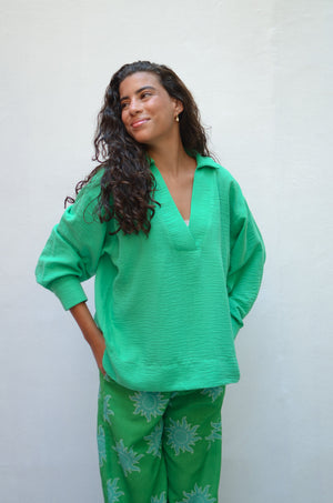 Polo Collar Linen Blouse in Green