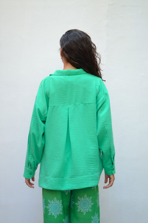 Polo Collar Linen Blouse in Green