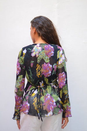Crinkled Chiffon Cardigan in Black&Purple