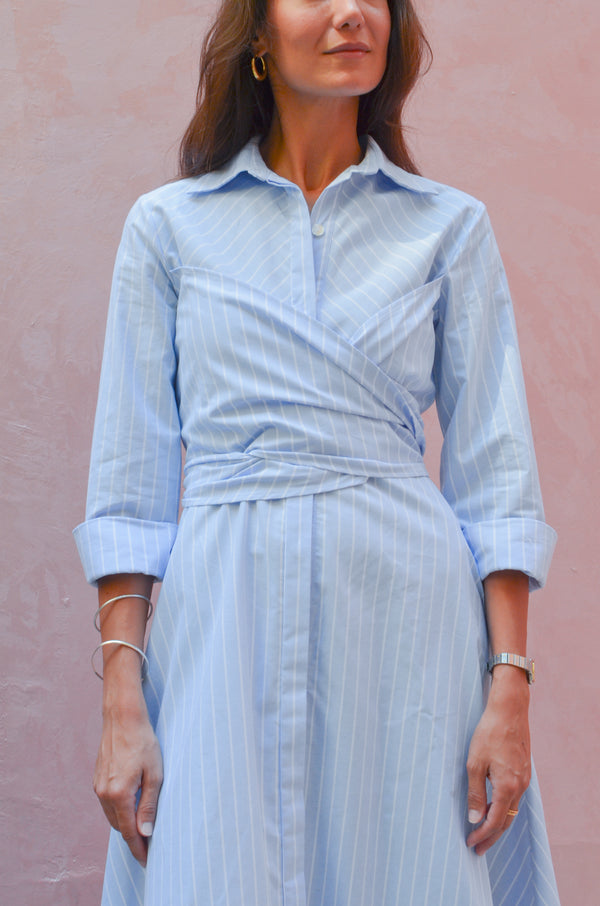 Striped Oxford Wrap Dress in Light Blue