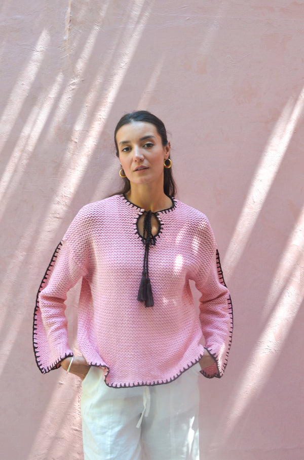 Crochet Tie-Neck Top in Pink