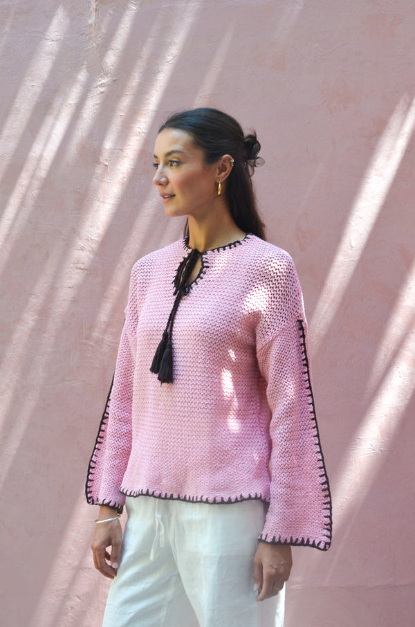 Crochet Tie-Neck Top in Pink
