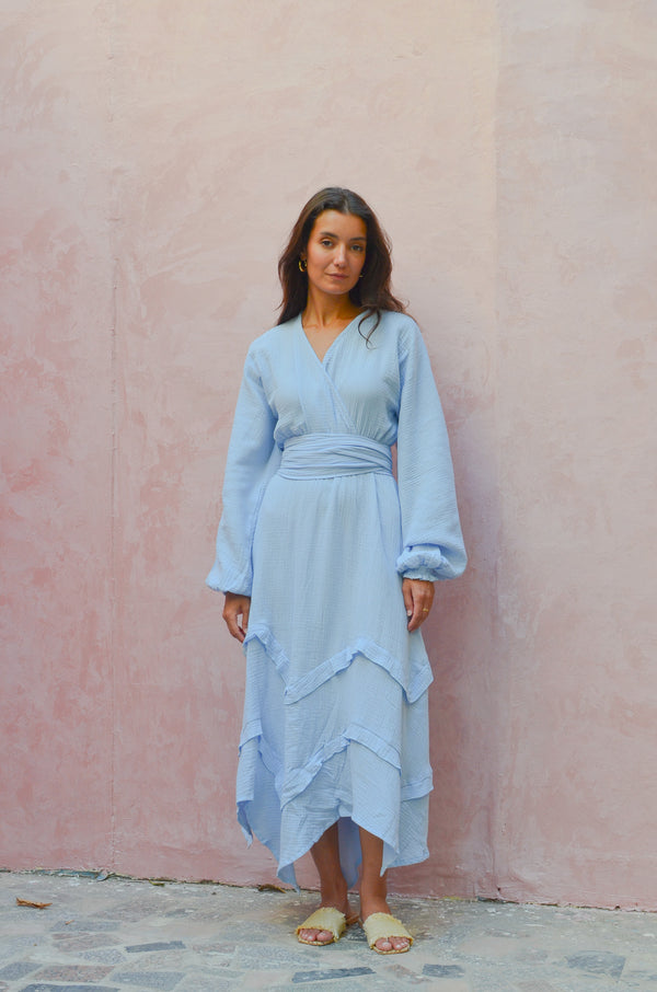 Muslin Raw Hem Dress in Blue