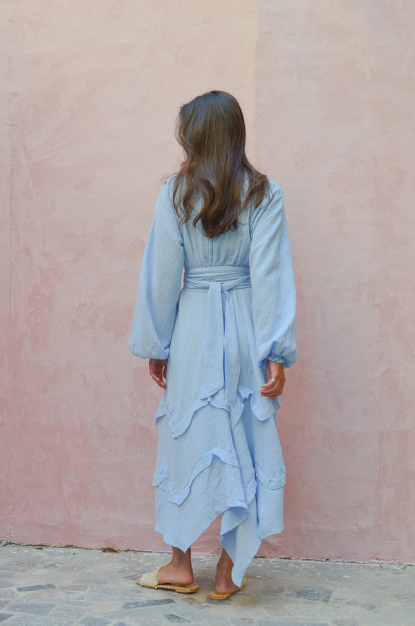 Muslin Raw Hem Dress in Blue