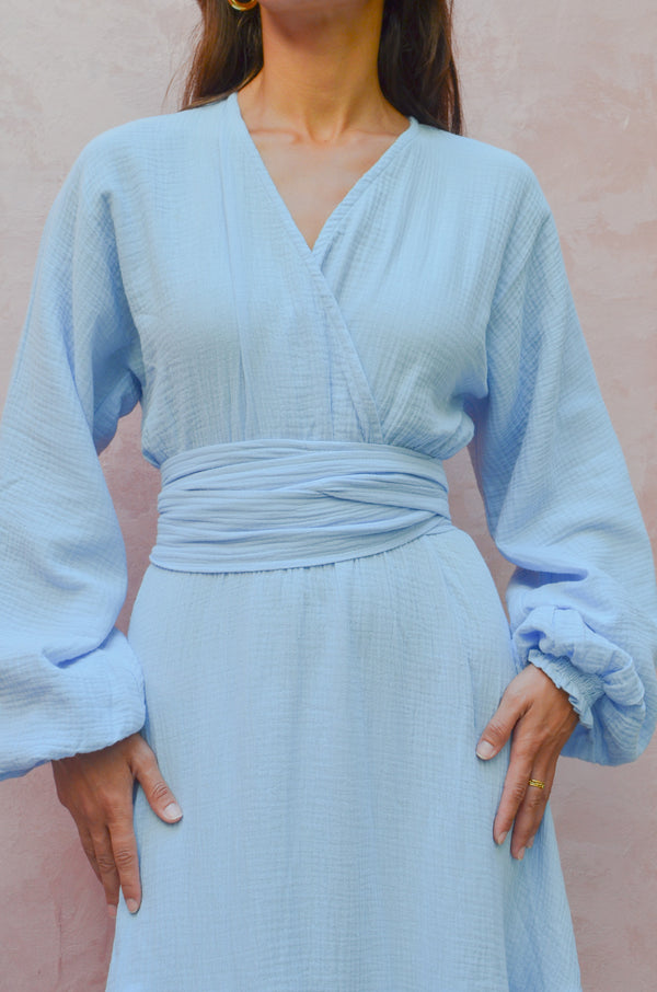 Muslin Raw Hem Dress in Blue