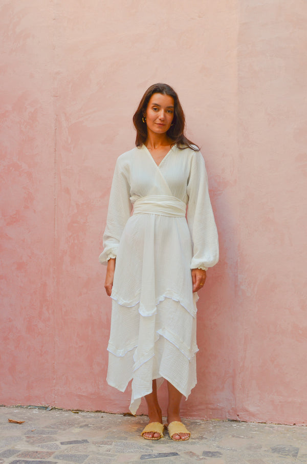 Muslin Raw Hem Dress in White