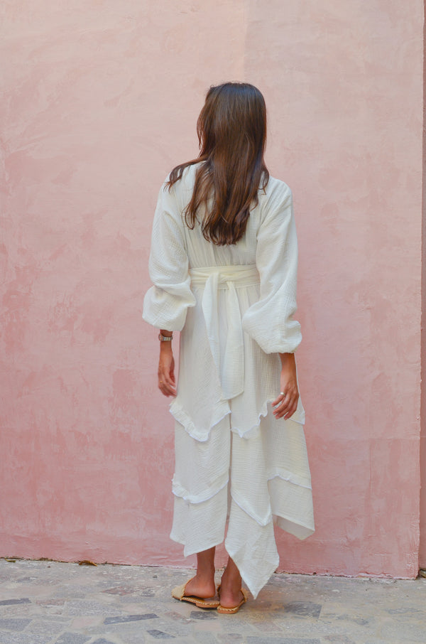 Muslin Raw Hem Dress in White