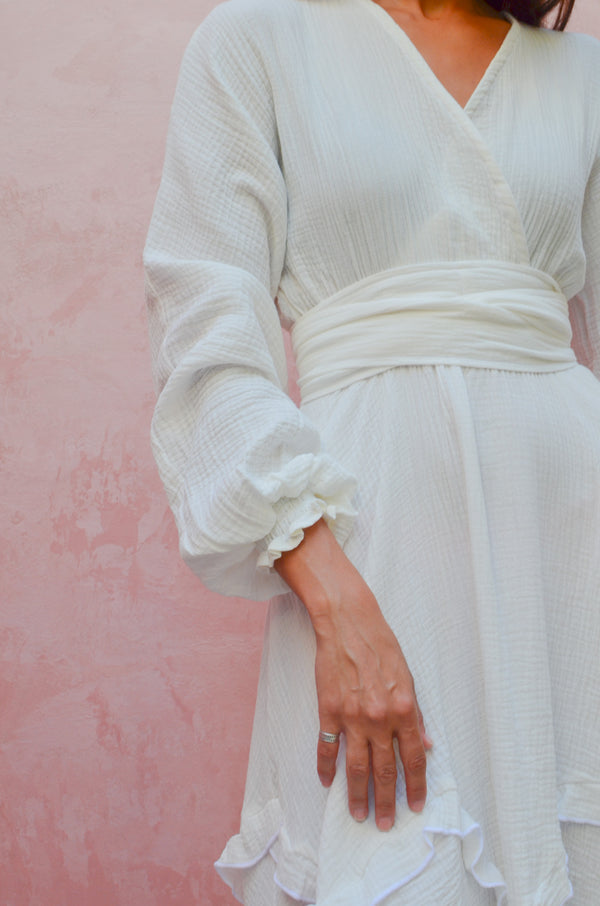 Muslin Raw Hem Dress in White