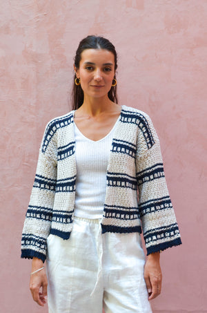 Striped Cropped Oversized Cardigan in Navy