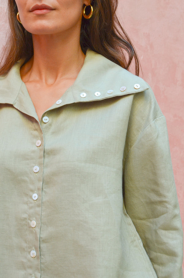 Long Collar Linen Shirt in Olive