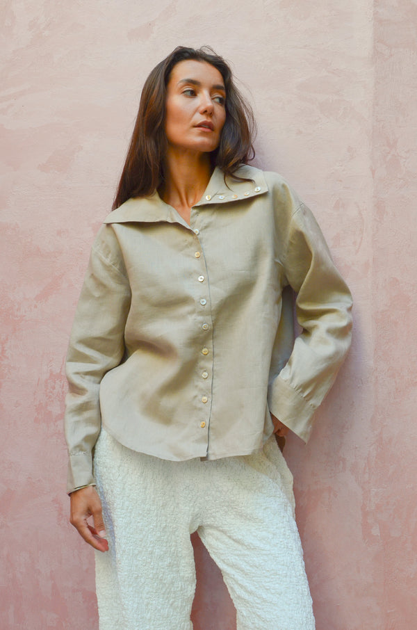 Long Collar Linen Shirt in Beige
