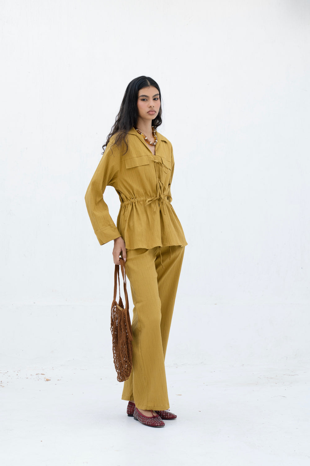 Crinkled Front Tie Set in Mustard
