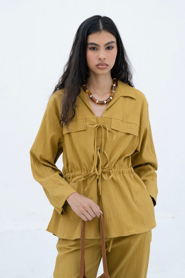 Crinkled Front Tie Set in Mustard