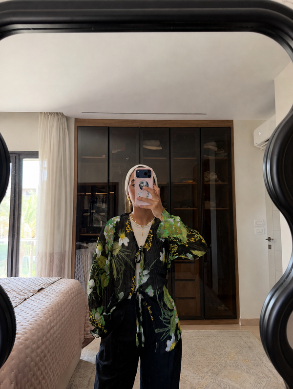 Crinkled Chiffon Cardigan in Black&Green