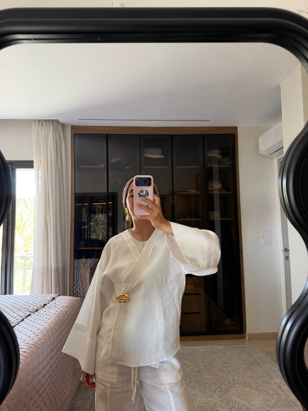 Linen Crossover Kimono in White