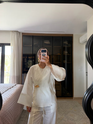 Linen Crossover Kimono in White