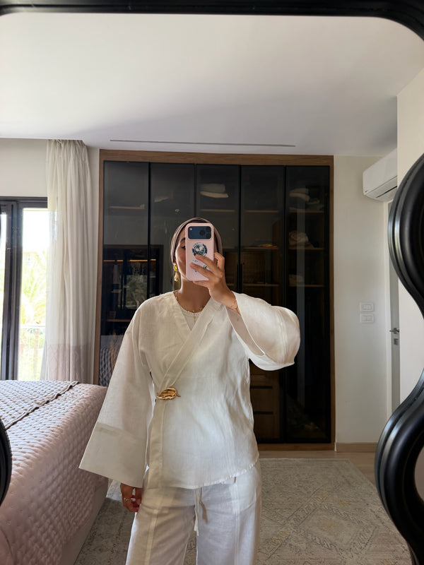 Linen Crossover Kimono in White
