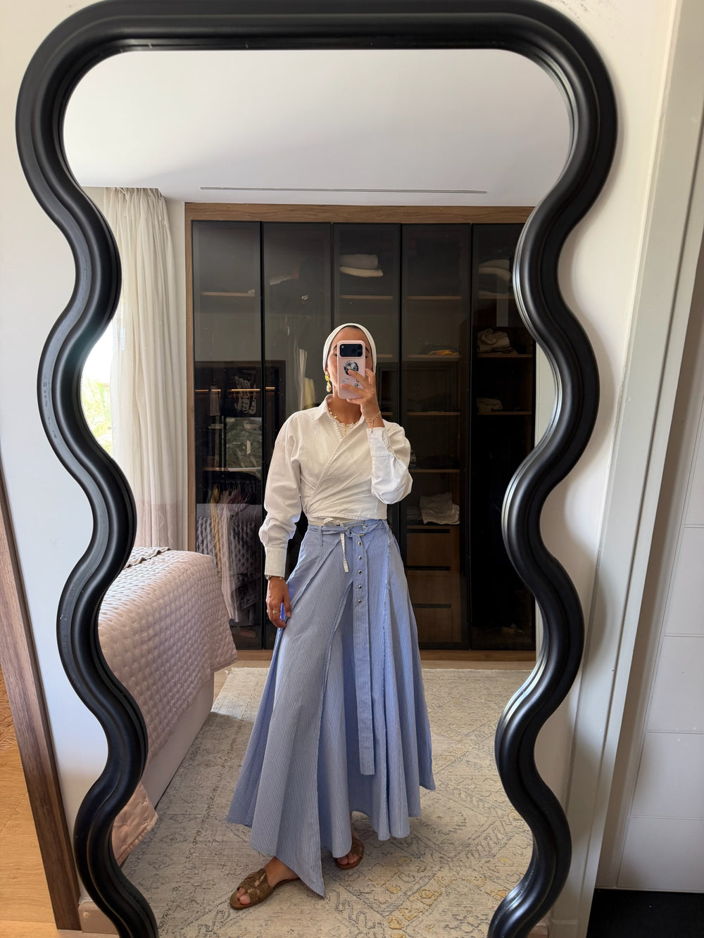 Belted Poplin Skirt in Blue