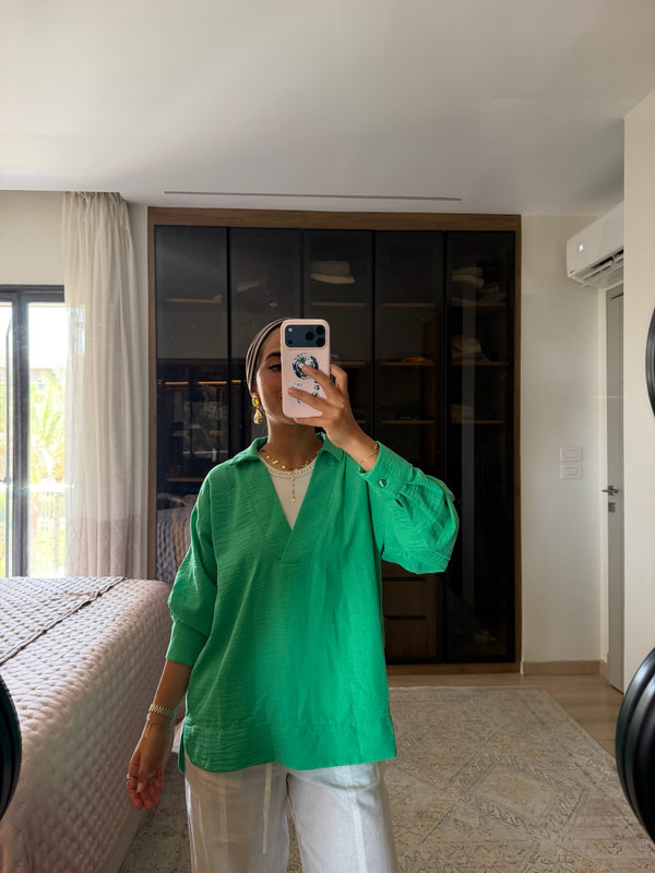 Polo Collar Linen Blouse in Green