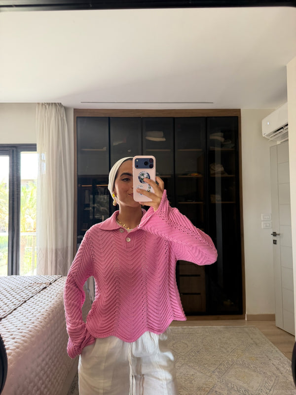 Pointelle Polo Shirt in Pink
