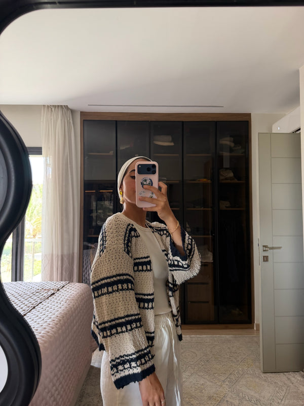 Striped Cropped Oversized Cardigan in Navy