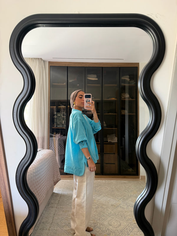 Polo Collar Linen Blouse Baby Blue