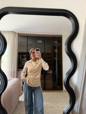Crinkled Tie Wrap Shirt in Light Beige