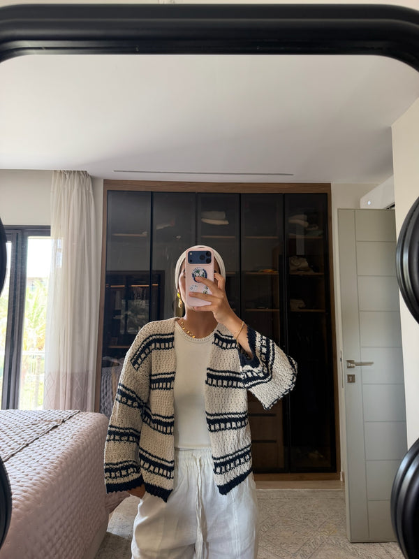 Striped Cropped Oversized Cardigan in Navy