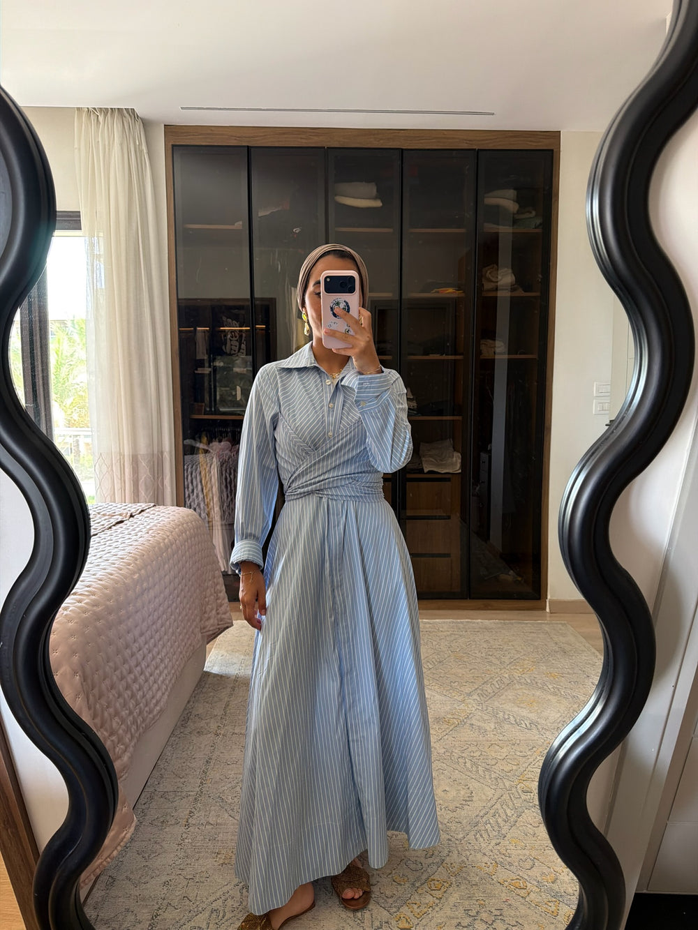 Striped Oxford Wrap Dress in Light Blue
