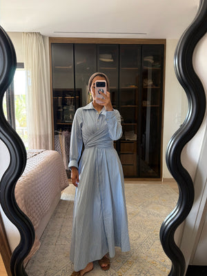 Striped Oxford Wrap Dress in Light Blue