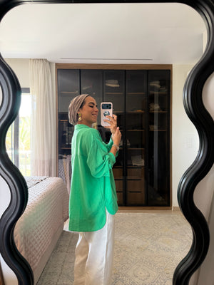 Polo Collar Linen Blouse in Green