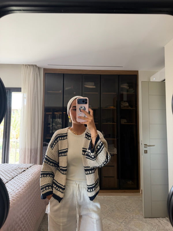 Striped Cropped Oversized Cardigan in Navy