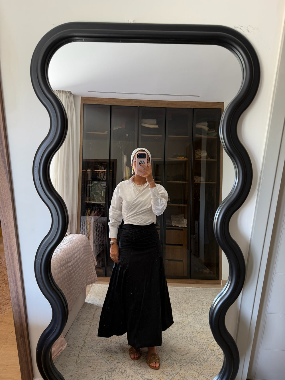 Ruched Poplin Skirt in Black